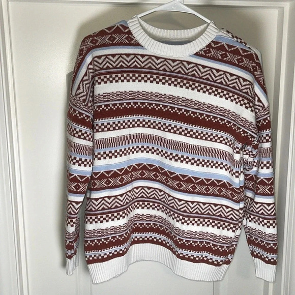 Hollister Sweater S Oversized Fair Isle Crew Neck Pullover Brown Blue - Picture 1 of 5